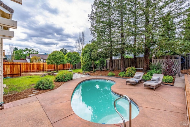 view of pool featuring a fenced in pool, a patio, and a fenced backyard
