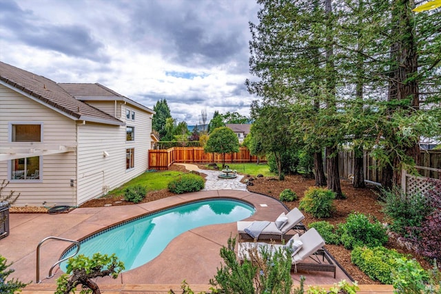 view of swimming pool with a fenced backyard, a patio, and a fenced in pool