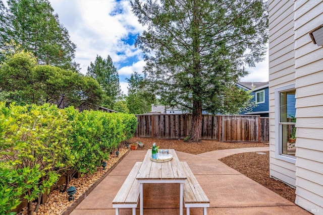 view of yard with a fenced backyard, a patio area, and outdoor dining space