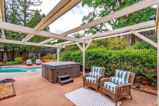 view of patio / terrace with a fenced backyard, a pergola, a hot tub, and a fenced in pool