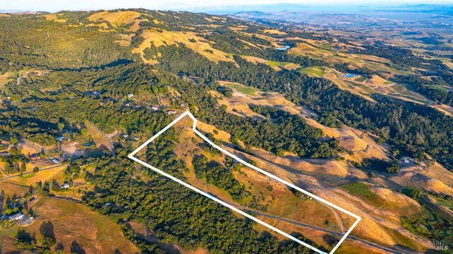 5750 Lichau Rd, Penngrove, CA 94951 - aerial view of property and surrounding area with property boundaries highlighted and a mountainous background