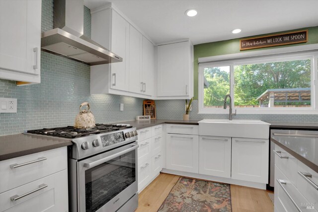 kitchen featuring wall chimney exhaust hood, stainless steel appliances, white cabinets, a sink, and tasteful backsplash