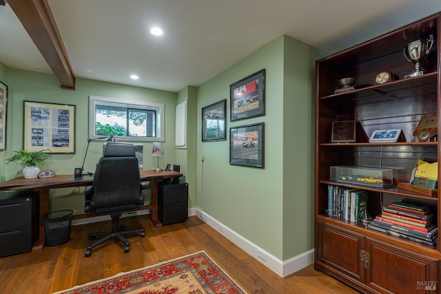 office area featuring baseboards, wood finished floors, and recessed lighting