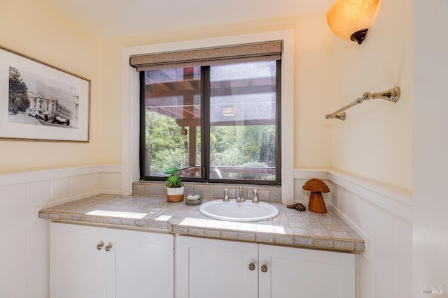 bathroom with a healthy amount of sunlight, a wainscoted wall, and a sink