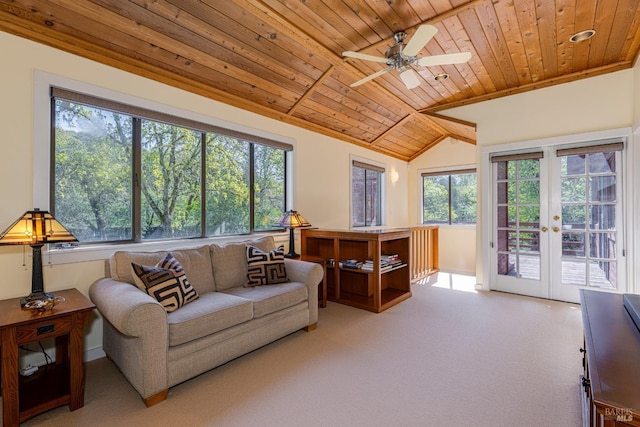 living room featuring french doors, carpet, lofted ceiling, a ceiling fan, and wooden ceiling