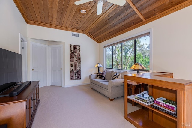living room with vaulted ceiling, a ceiling fan, light carpet, wooden ceiling, and visible vents