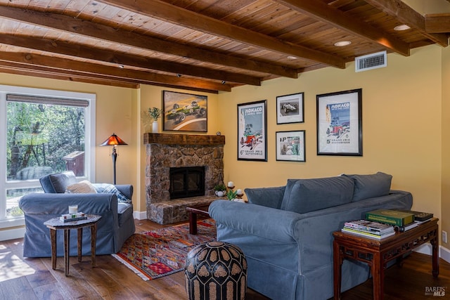 living area featuring wood-type flooring, wooden ceiling, beam ceiling, and visible vents