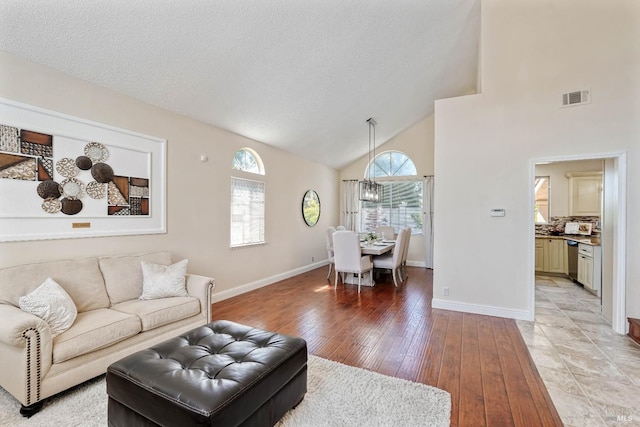1006 Armsby Way, Suisun City, CA 94585 - living area featuring plenty of natural light, high vaulted ceiling, light wood-type flooring, a textured ceiling, and baseboards