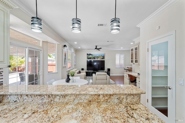 1006 Armsby Way, Suisun City, CA 94585 - kitchen with ornamental molding, ceiling fan, glass insert cabinets, hanging light fixtures, and recessed lighting