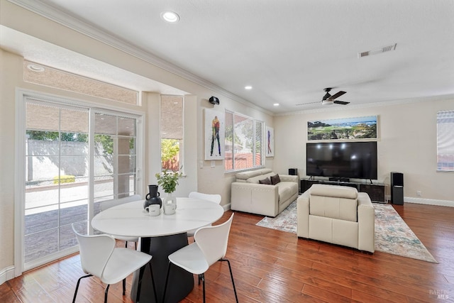 1006 Armsby Way, Suisun City, CA 94585 - dining room with ornamental molding, baseboards, plenty of natural light, wood finished floors, and a ceiling fan