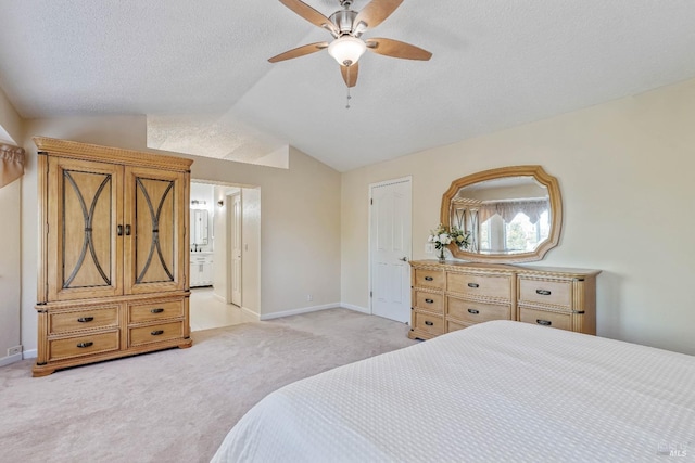 1006 Armsby Way, Suisun City, CA 94585 - bedroom with light carpet, vaulted ceiling, baseboards, a textured ceiling, and ceiling fan