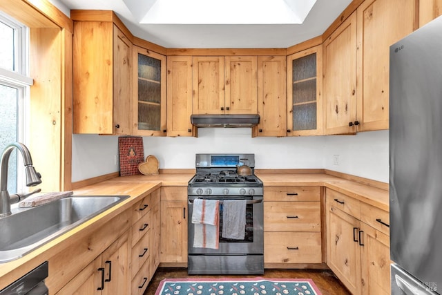 kitchen featuring wooden counters, light brown cabinetry, a sink, under cabinet range hood, and stainless steel appliances