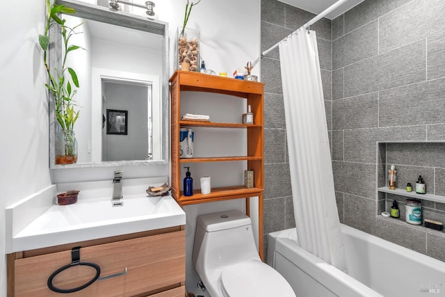 bathroom featuring vanity, a fireplace, shower / bath combo, and toilet