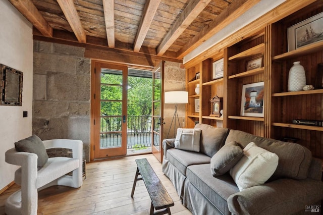 sitting room with beamed ceiling, light wood-style floors, built in shelves, and wooden ceiling