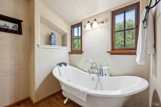 full bath featuring a freestanding tub and wood finished floors