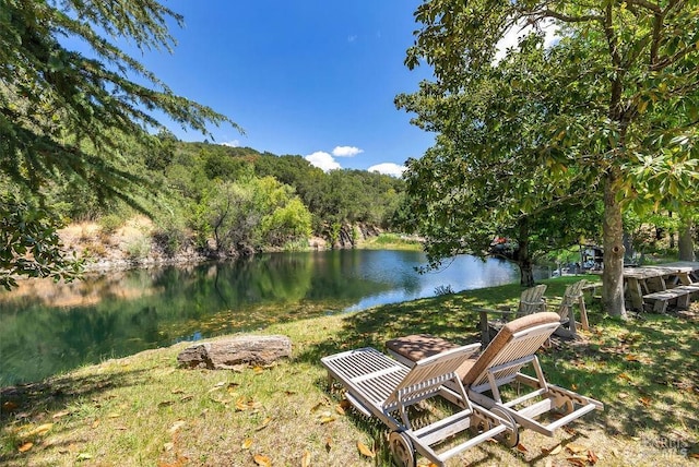 view of yard featuring a wooded view and a water view