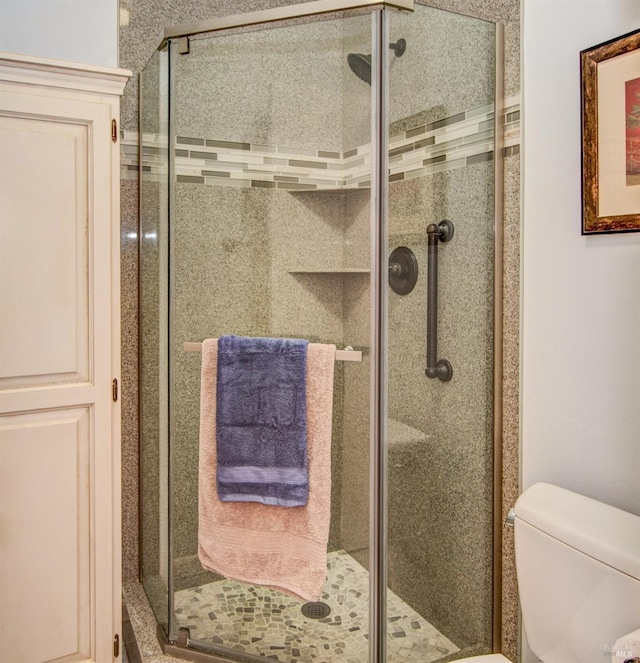 bathroom with toilet and a stall shower