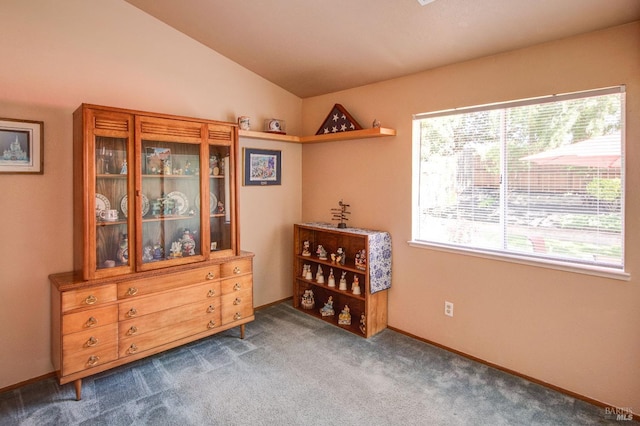 empty room with vaulted ceiling and carpet flooring