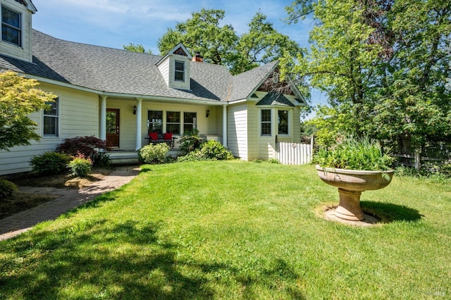 view of front facade featuring a front yard, roof with shingles, a porch, and a chimney