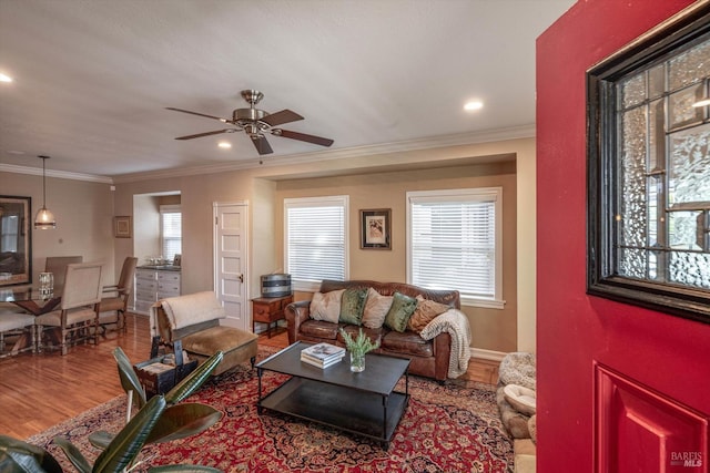 1416 F St, Napa, CA 94559 - living area featuring wood finished floors, crown molding, and a ceiling fan