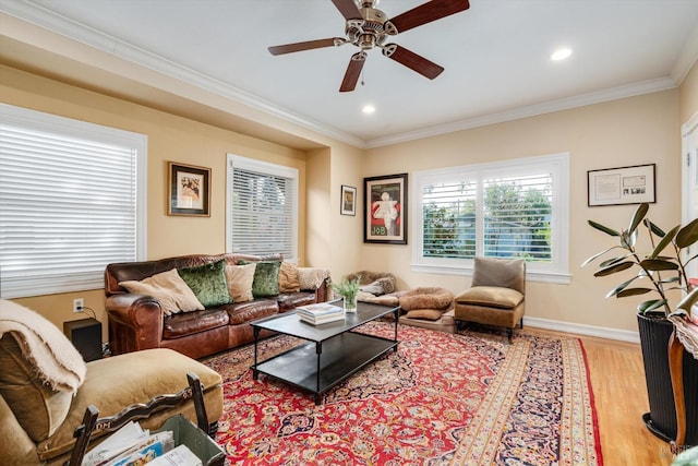 1416 F St, Napa, CA 94559 - living room featuring ceiling fan, crown molding, wood finished floors, and recessed lighting