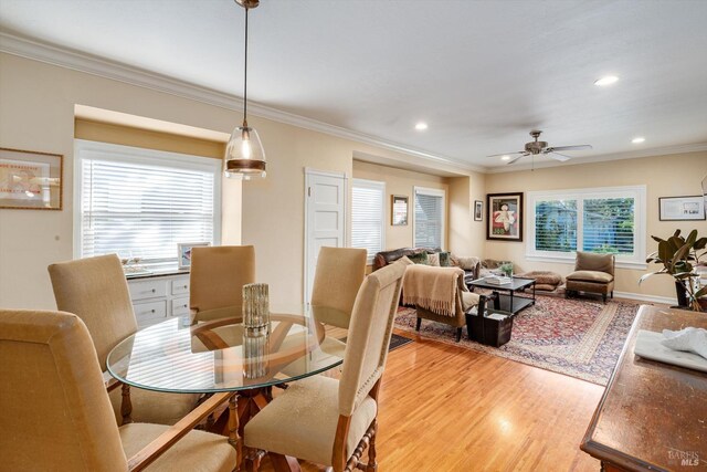 1416 F St, Napa, CA 94559 - dining space featuring ornamental molding, light wood-type flooring, a ceiling fan, and recessed lighting