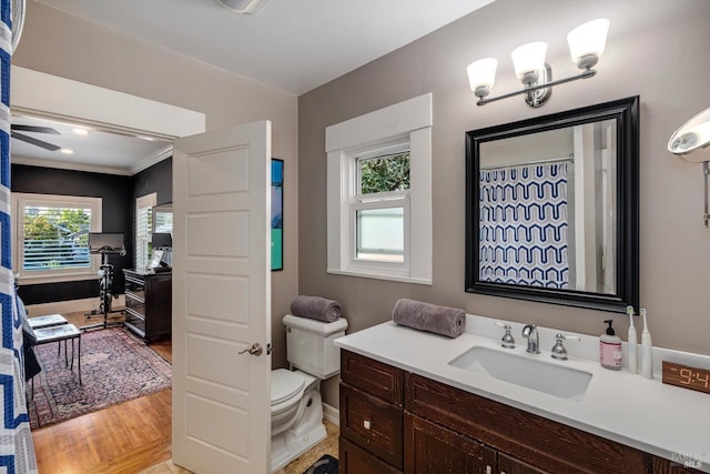 1416 F St, Napa, CA 94559 - full bathroom featuring vanity, wood finished floors, ceiling fan, and crown molding