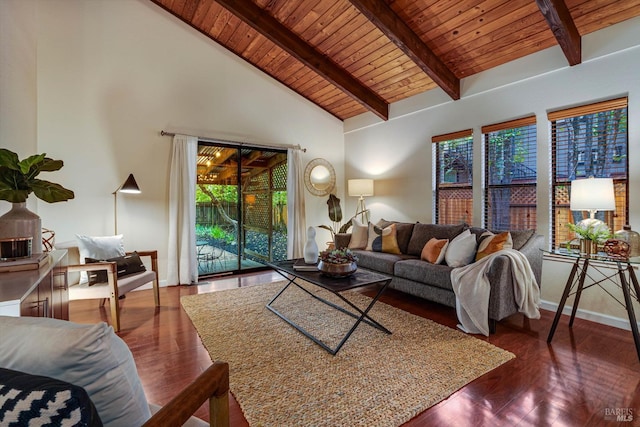 living room with wooden ceiling, baseboards, beam ceiling, and wood finished floors
