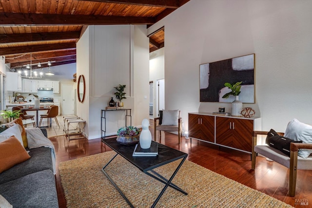 living room with lofted ceiling with beams, wooden ceiling, and dark wood finished floors