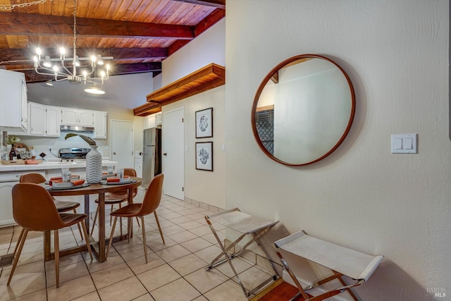 dining space featuring wooden ceiling, beam ceiling, a chandelier, and light tile patterned floors