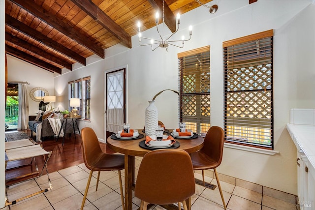 dining space featuring plenty of natural light, wooden ceiling, and light tile patterned floors