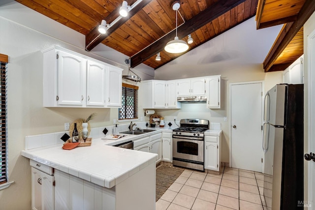 kitchen featuring a sink, stainless steel appliances, wooden ceiling, a peninsula, and under cabinet range hood