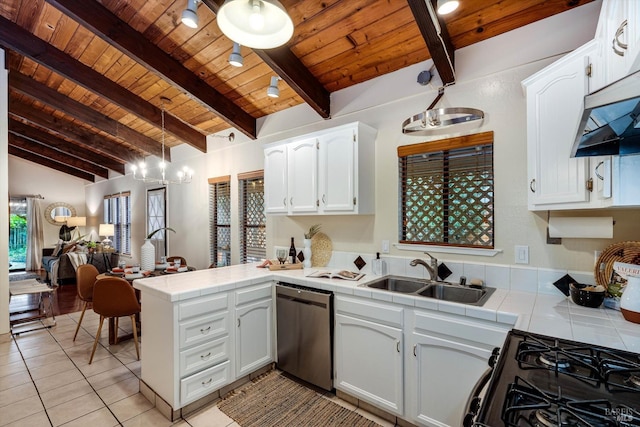 kitchen featuring a peninsula, tile counters, a sink, black gas range oven, and wooden ceiling