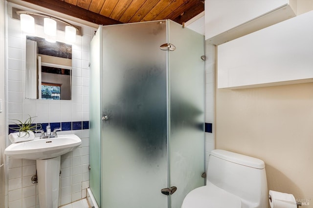 full bathroom with tile walls, toilet, wooden ceiling, and a stall shower