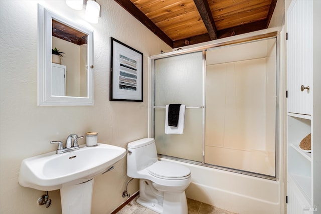full bathroom featuring combined bath / shower with glass door, toilet, wooden ceiling, a sink, and beam ceiling