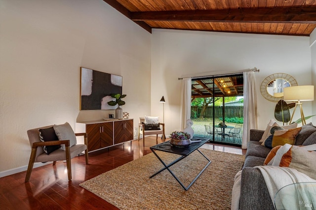 living area featuring baseboards, beam ceiling, wood ceiling, and dark wood-style floors