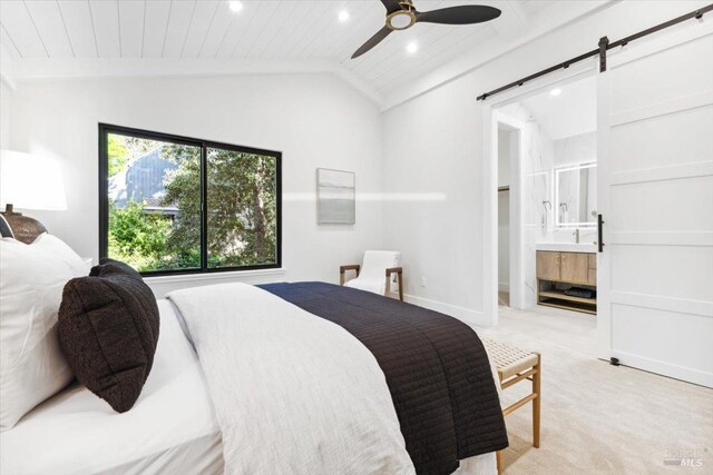 bedroom with connected bathroom, wood ceiling, light carpet, lofted ceiling, and recessed lighting
