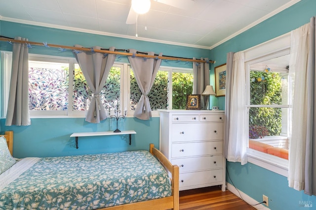bedroom featuring ornamental molding, wood finished floors, and multiple windows