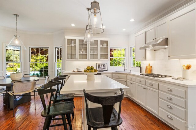 kitchen featuring tasteful backsplash, white cabinetry, glass insert cabinets, under cabinet range hood, and a breakfast bar area