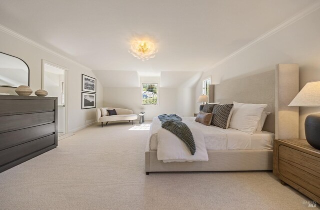 bedroom with baseboards, carpet, and crown molding