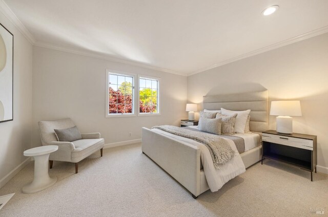 8 Greensburgh Ln, San Anselmo, CA 94960 - bedroom with baseboards, crown molding, and light colored carpet
