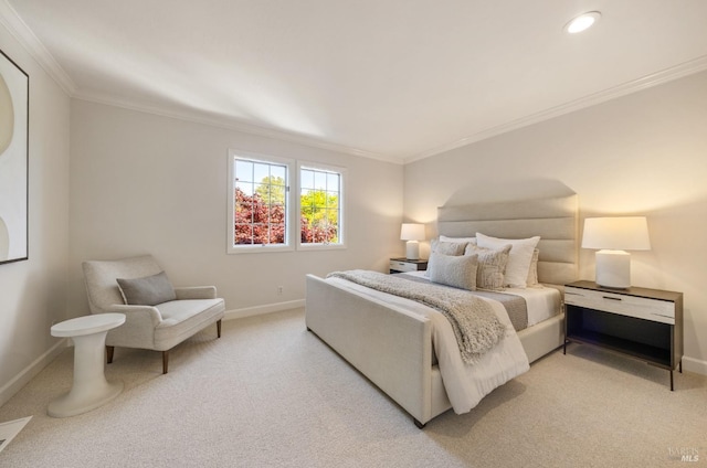 bedroom featuring baseboards, ornamental molding, and light colored carpet