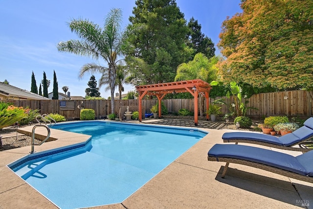 view of pool with a pergola, a fenced in pool, a patio, and a fenced backyard