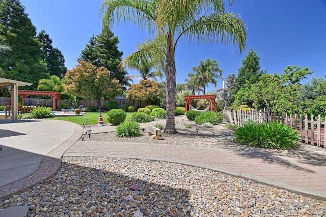 surrounding community with a lawn, a pergola, a fenced backyard, and a patio area