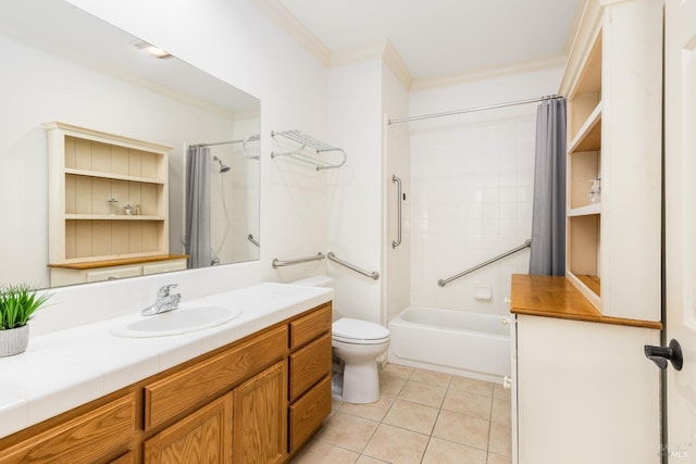 bathroom with vanity, toilet, tile patterned flooring, crown molding, and shower / bath combination with curtain