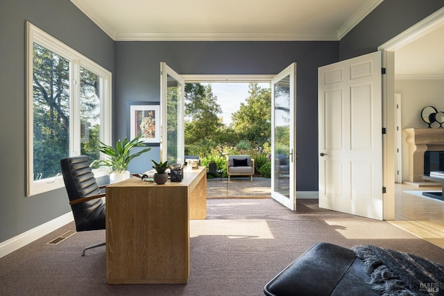 656 Goodhill Rd, Kentfield, CA 94904 - office with baseboards, ornamental molding, carpet flooring, and visible vents