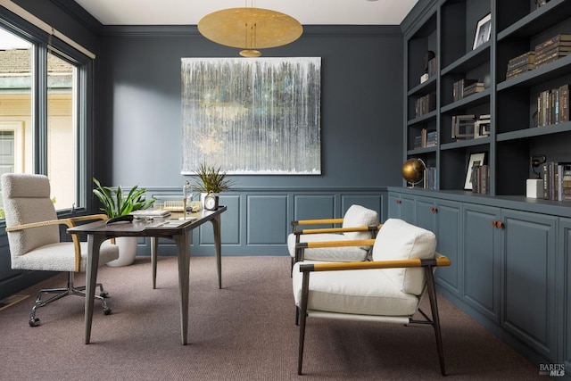 656 Goodhill Rd, Kentfield, CA 94904 - interior space featuring a decorative wall, crown molding, wainscoting, built in shelves, and carpet