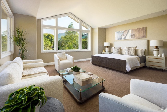 656 Goodhill Rd, Kentfield, CA 94904 - carpeted bedroom with lofted ceiling, baseboards, and multiple windows