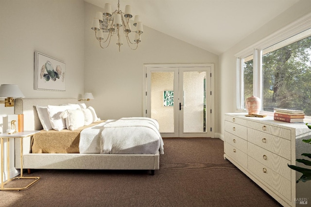 656 Goodhill Rd, Kentfield, CA 94904 - bedroom featuring dark carpet, vaulted ceiling, access to exterior, french doors, and a chandelier