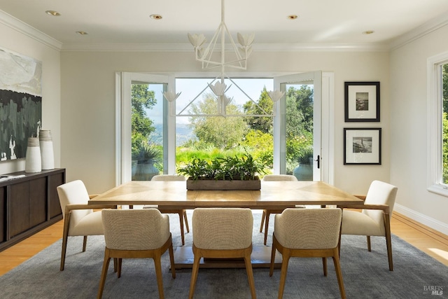 656 Goodhill Rd, Kentfield, CA 94904 - dining space with light wood-style flooring, a chandelier, and ornamental molding